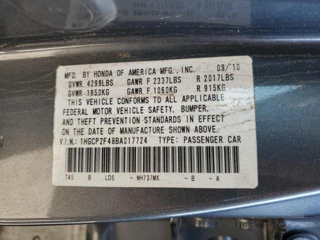 1HGCP2F48BA017724 - 2011 HONDA ACCORD LXP GRAY photo 10