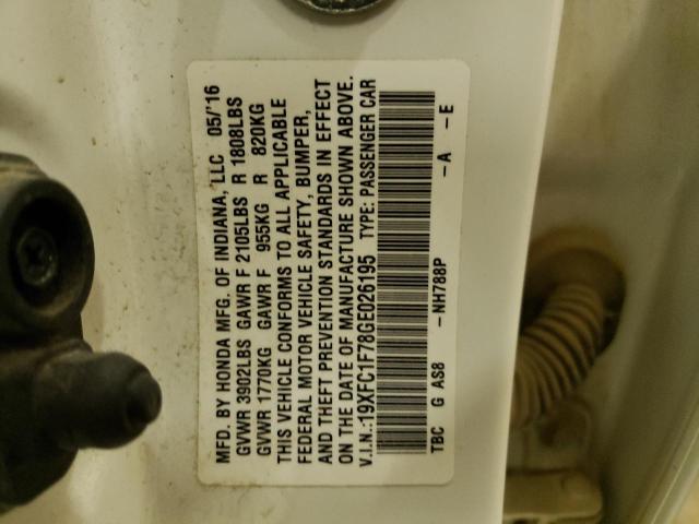 19XFC1F78GE026195 - 2016 HONDA CIVIC EXL Ақ фото 10