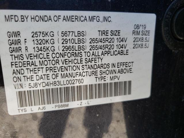 5J8YD4H83LL002760 - 2020 ACURA MDX ADVANC GRAY photo 10