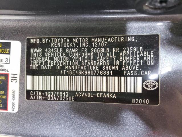 4T1BE46K98U776881 - 2008 TOYOTA CAMRY CE/L GRAY photo 10