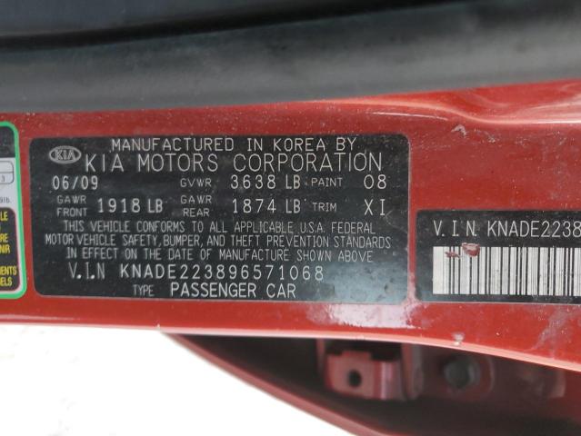 KNADE223896571068 - 2009 KIA RIO BASE RED photo 10