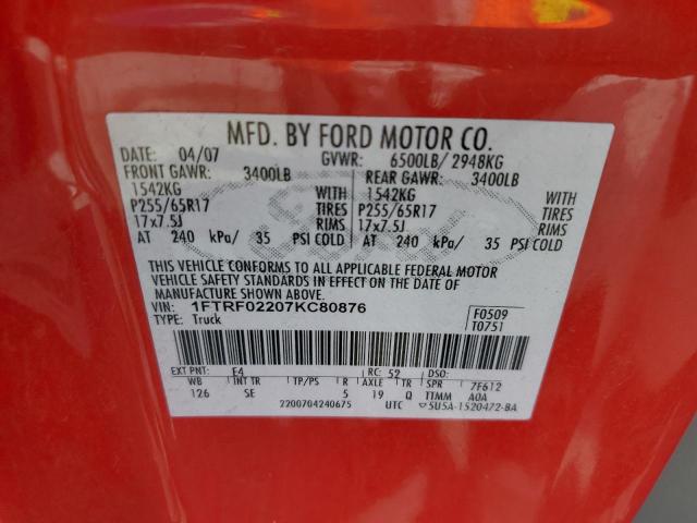 1FTRF02207KC80876 - 2007 FORD F150 RED photo 10