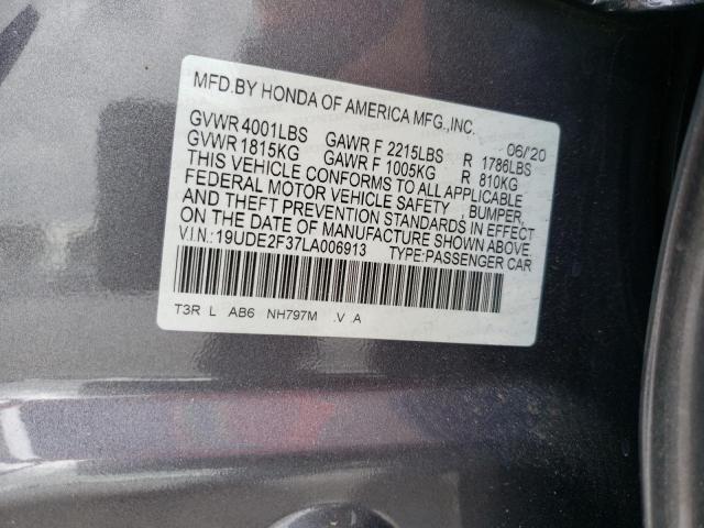 19UDE2F37LA006913 - 2020 ACURA ILX ნაცრისფერი ფოტო 10