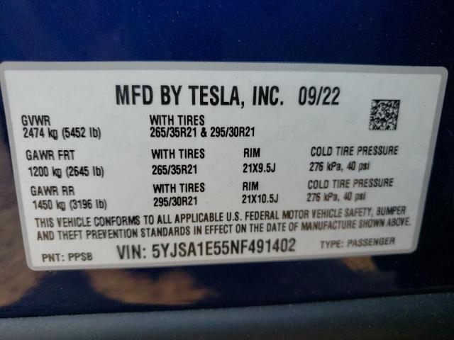5YJSA1E55NF491402 - 2022 TESLA MODEL S Կապույտ լուսանկար 10