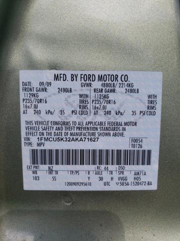 1FMCU5K32AKA71627 - 2010 FORD ESCAPE HYB GREEN photo 10