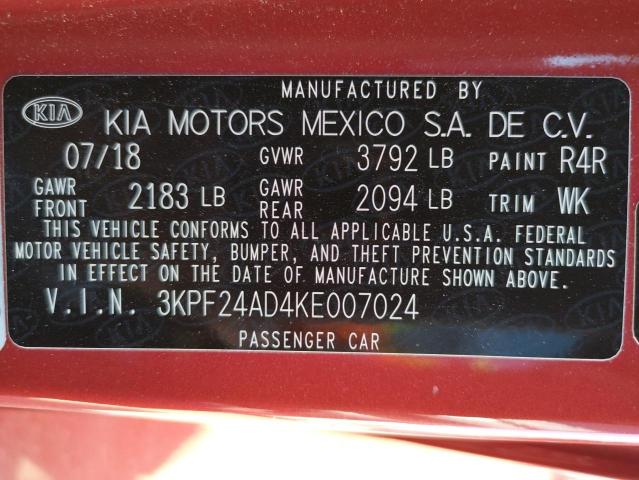 3KPF24AD4KE007024 - 2019 KIA FORTE FE RED photo 10