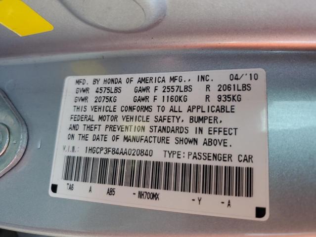 1HGCP3F84AA020840 - 2010 HONDA ACCORD EXL SILVER photo 10