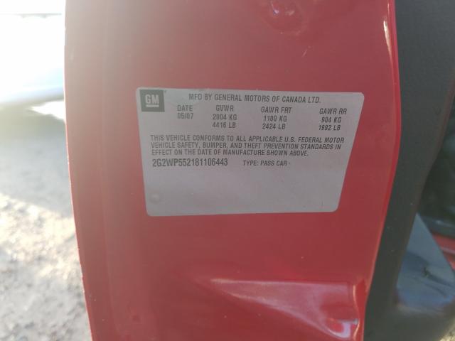 2G2WP552181106443 - 2008 PONTIAC GRAND PRIX წითელი ფოტო 10