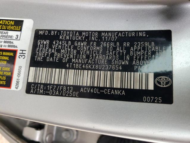 4T1BE46KX8U237654 - 2008 TOYOTA CAMRY CE SILVER photo 10