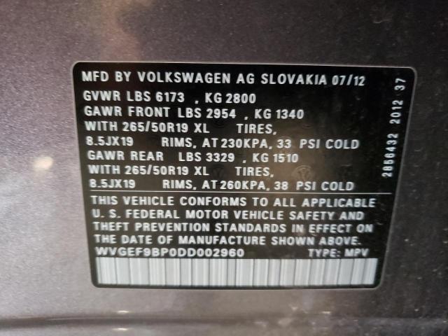 WVGEF9BP0DD002960 - 2013 VOLKSWAGEN TOUAREG V6 GRAY photo 10