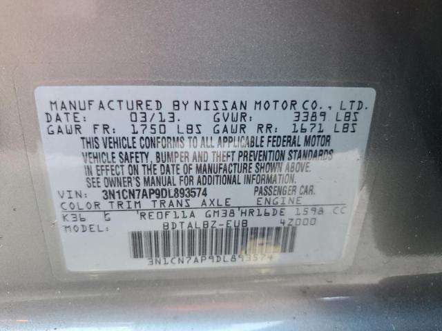 3N1CN7AP9DL893574 - 2013 NISSAN VERSA S GRAY photo 10