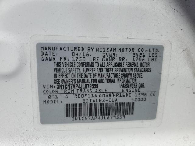 3N1CN7AP4JL879559 - 2018 NISSAN VERSA S WHITE photo 10