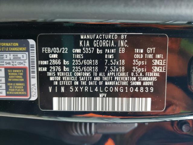 5XYRL4LC0NG104839 - 2022 KIA SORENTO S BLACK photo 10