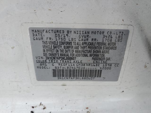 3N1CN7AP3KL880607 - 2019 NISSAN VERSA S WHITE photo 10