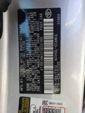 4T1BE46K57U625180 - 2007 TOYOTA CAMRY CE SILVER photo 10