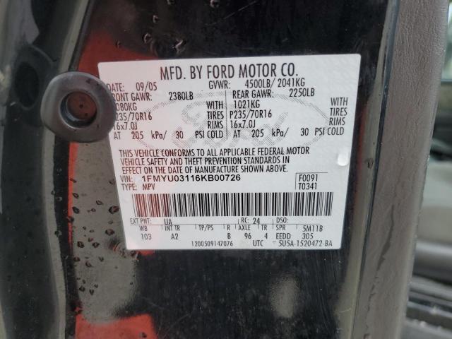 1FMYU03116KB00726 - 2006 FORD ESCAPE BLACK photo 10