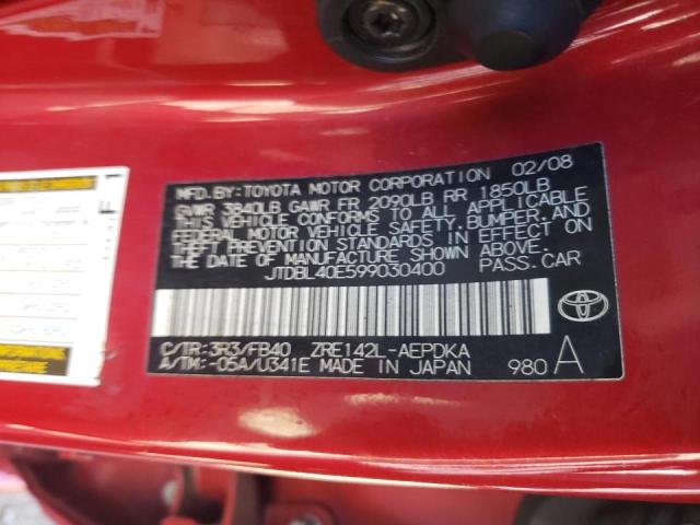 JTDBL40E599030400 - 2009 TOYOTA CAROLLA RED photo 10