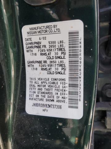 JN8DR09Y82W737306 - 2002 NISSAN PATHFINDER GREEN photo 10