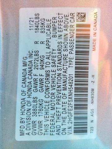 2HGFE2F5XNH548201 - 2022 HONDA CIVIC SPOR SILVER photo 10