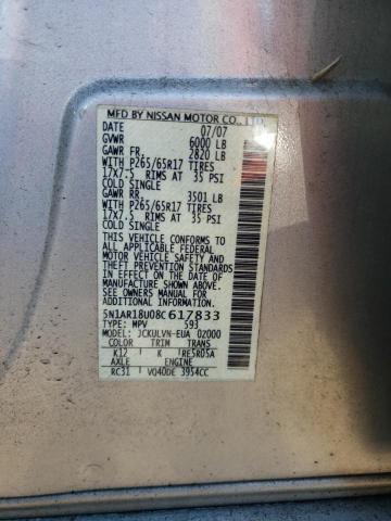 5N1AR18U08C617833 - 2008 NISSAN PATHFINDER SILVER photo 10