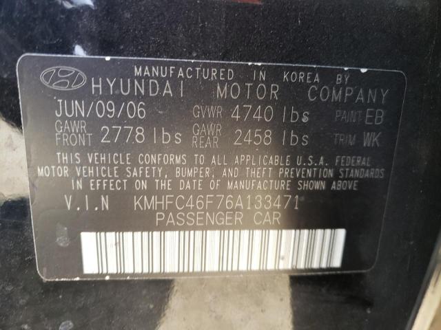 KMHFC46F76A133471 - 2006 HYUNDAI AZERA SE BLACK photo 10