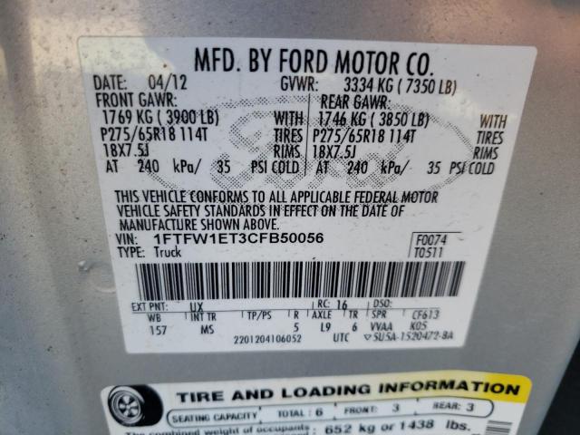 1FTFW1ET3CFB50056 - 2012 FORD F-150 SUPE SILVER photo 10