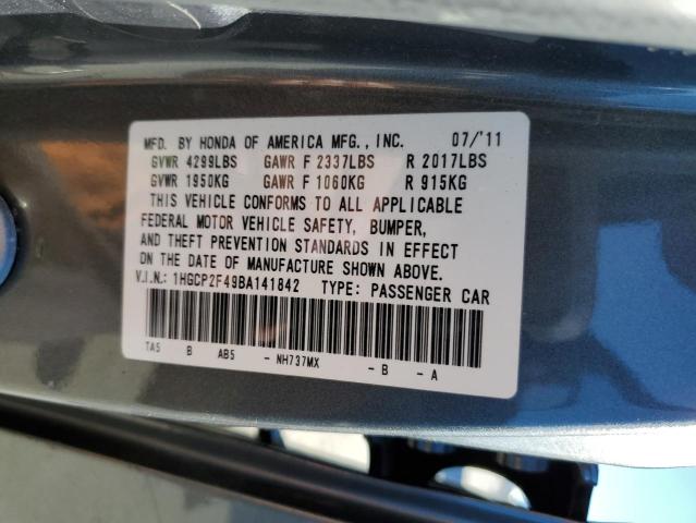 1HGCP2F49BA141842 - 2011 HONDA ACCORD LXP GRAY photo 10