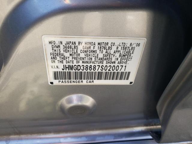 JHMGD38687S020071 - 2007 HONDA FIT S SILVER photo 10