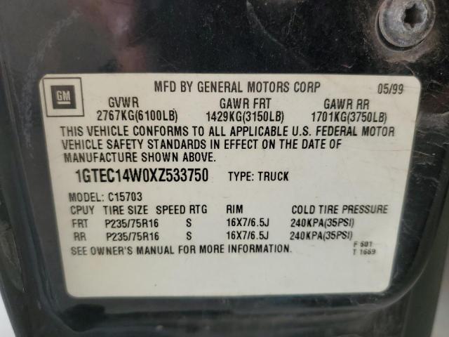 1GTEC14W0XZ533750 - 1999 GMC SIERRA BLACK photo 10