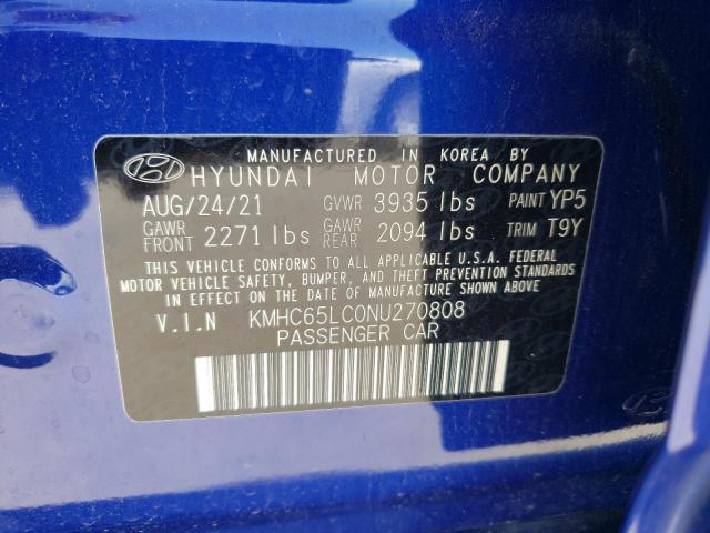 KMHC65LC0NU270808 - 2022 HYUNDAI IONIQ BLUE BLUE photo 10