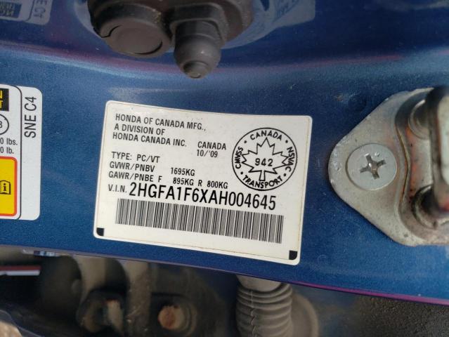 2HGFA1F6XAH004645 - 2010 HONDA CIVIC LX-S Mavi foto 10