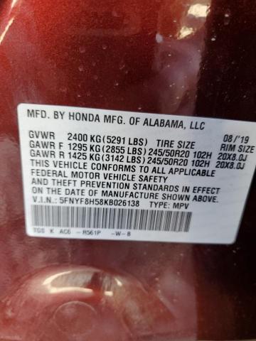 5FNYF8H58KB026138 - 2019 HONDA PASSPORT E 勃艮第红 照片 10