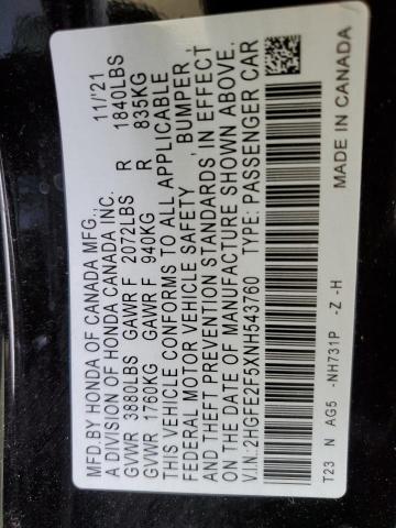 2HGFE2F5XNH543760 - 2022 HONDA CIVIC SPOR BLACK photo 10