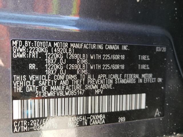 2T3EWRFV8LW085147 - 2020 TOYOTA RAV4 XSE GRAY photo 10