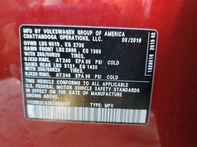 1V2RR2CA2KC555027 - 2019 VOLKSWAGEN ATLAS SEL Qırmızı foto 10