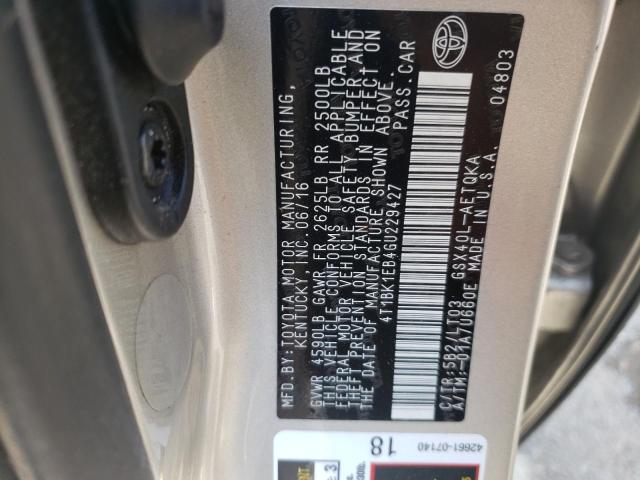 4T1BK1EB4GU229427 - 2016 TOYOTA AVALON XLE GRAY photo 10