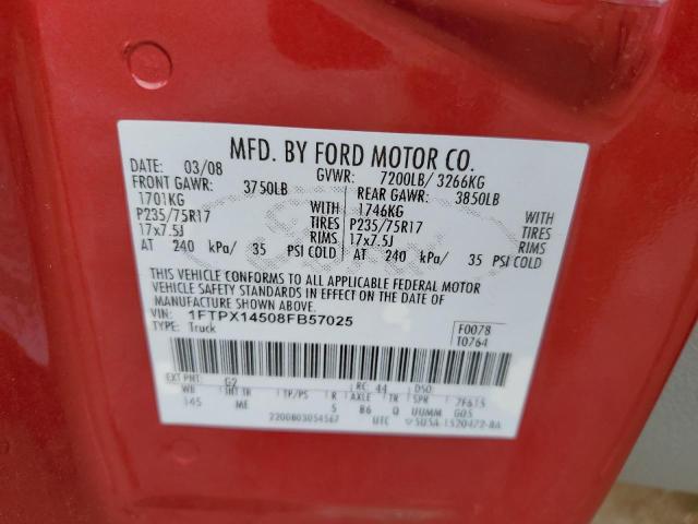 1FTPX14508FB57025 - 2008 FORD F150 RED photo 10