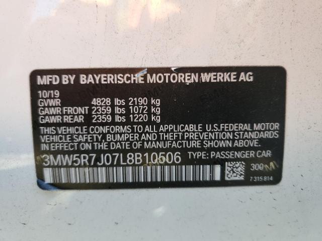 3MW5R7J07L8B10506 - 2020 BMW 330XI WHITE photo 10