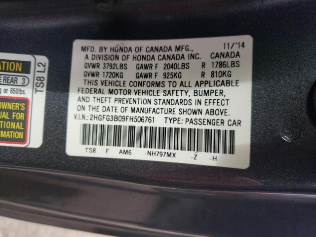 2HGFG3B09FH506761 - 2015 HONDA CIVIC EXL 灰色 照片 10