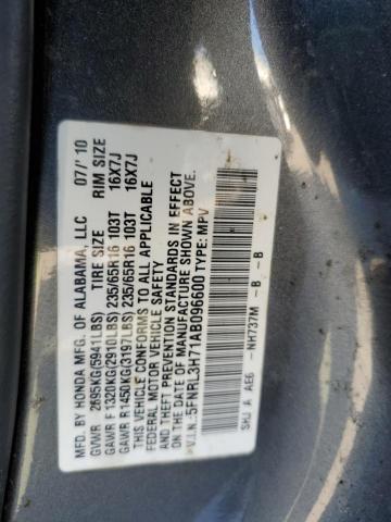 5FNRL3H71AB096600 - 2010 HONDA ODYSSEY EX GRAY photo 10