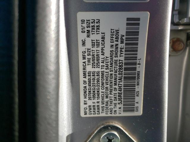 5J6RE4H71AL028837 - 2010 HONDA CR-V EXL SILVER photo 10