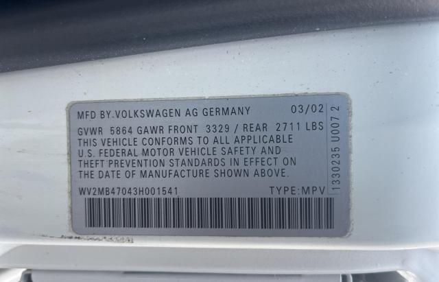 WV2MB47043H001541 - 2003 VOLKSWAGEN EUROVAN MV WHITE photo 10