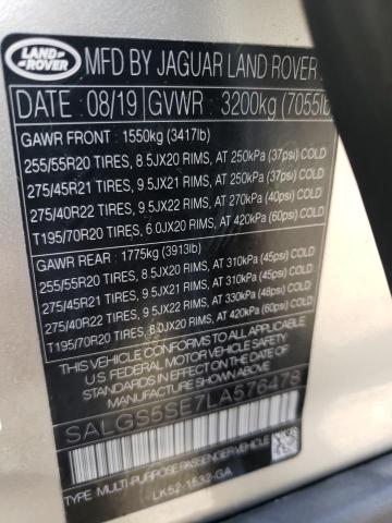 SALGS5SE7LA576478 - 2020 LAND ROVER RANGE ROVE SILVER photo 10