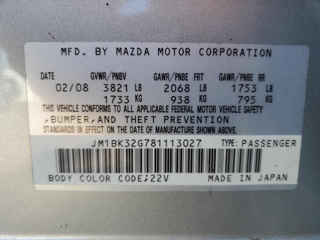 JM1BK32G781113027 - 2008 MAZDA 3 I SILVER photo 10