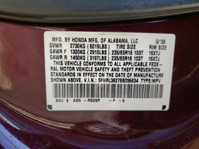 5FNRL38278B056634 - 2008 HONDA ODYSSEY LX BURGUNDY photo 10