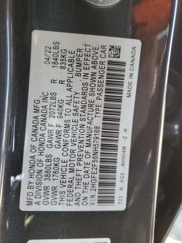 2HGFE2F56NH579168 - 2022 HONDA CIVIC SPOR GRAY photo 10