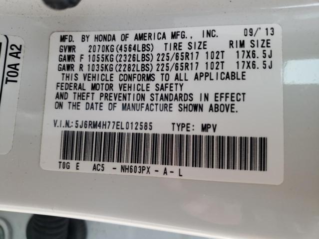 5J6RM4H77EL012585 - 2014 HONDA CR-V EXL WHITE photo 10