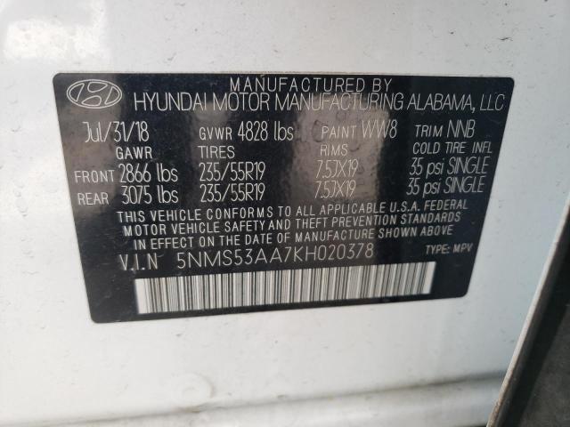 5NMS53AA7KH020378 - 2019 HYUNDAI SANTA FE L WHITE photo 10