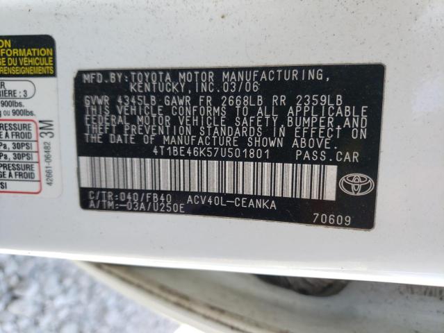 4T1BE46K57U501801 - 2007 TOYOTA CAMRY CE WHITE photo 10