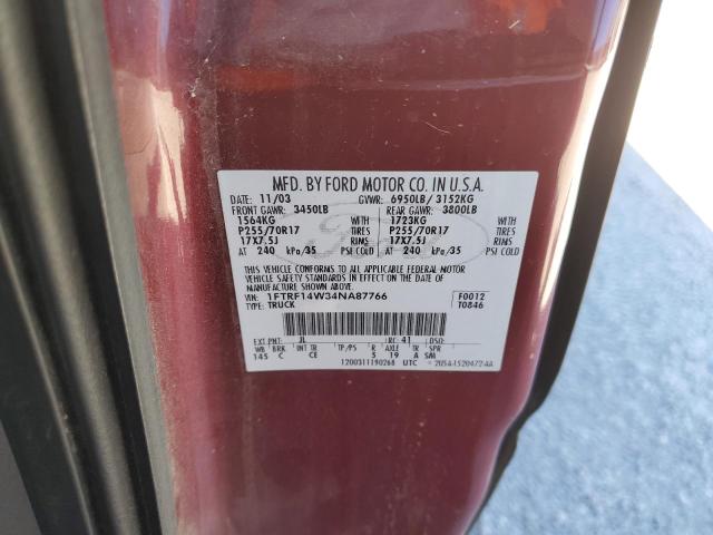 1FTRF14W34NA87766 - 2004 FORD F-150 RED photo 10